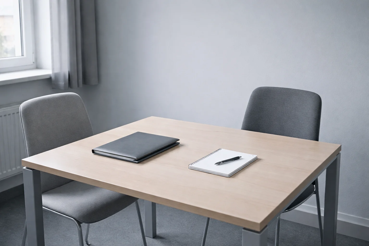 Aufgeräumter Tisch in einem schlichten Gesprächsraum mit Notizbuch und Mappe für ein 1:1-Coaching