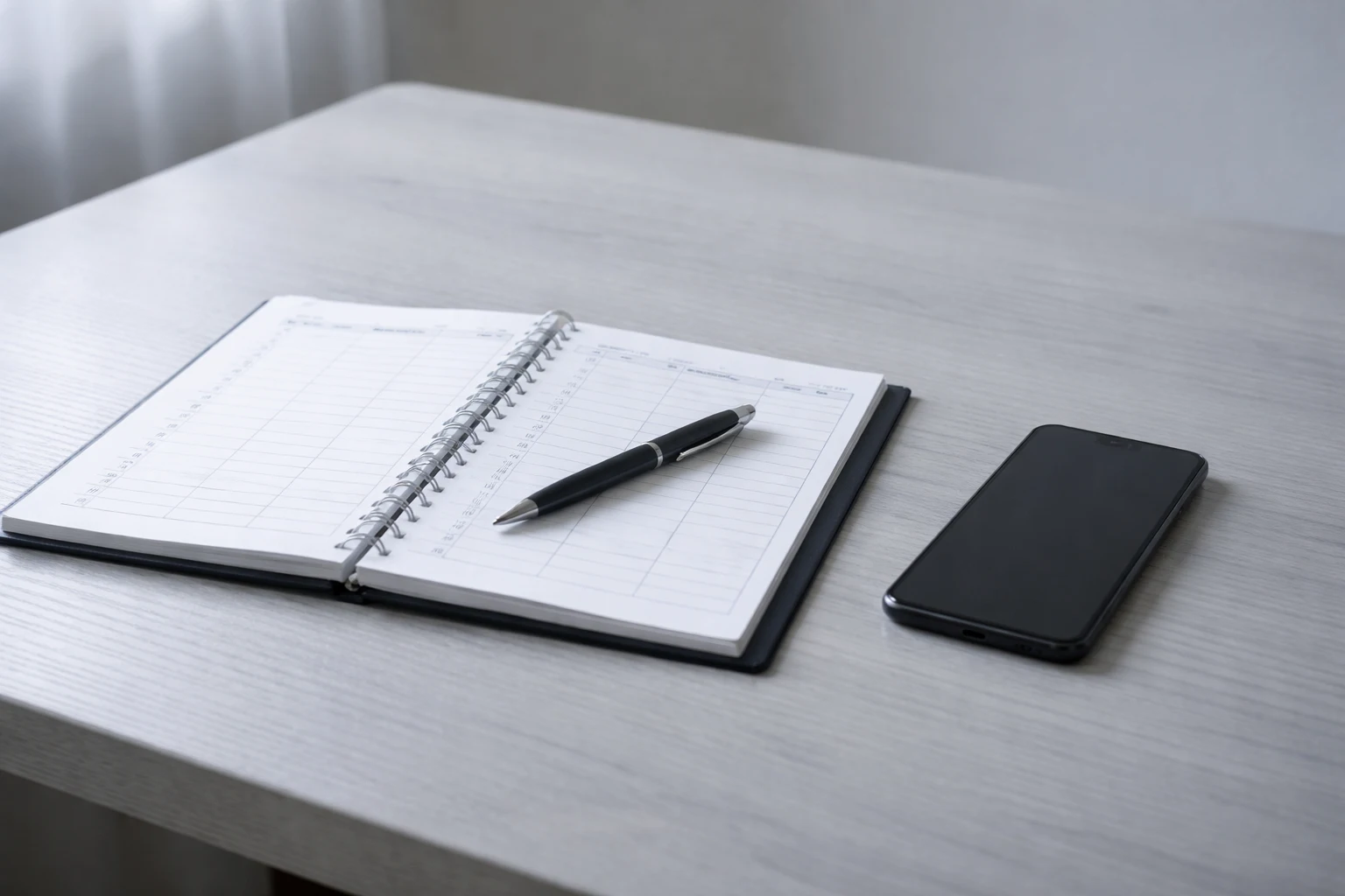 Terminplaner mit Stift und Smartphone auf einem schlichten Tisch als ruhiger Einstieg für ein 1:1-Coaching