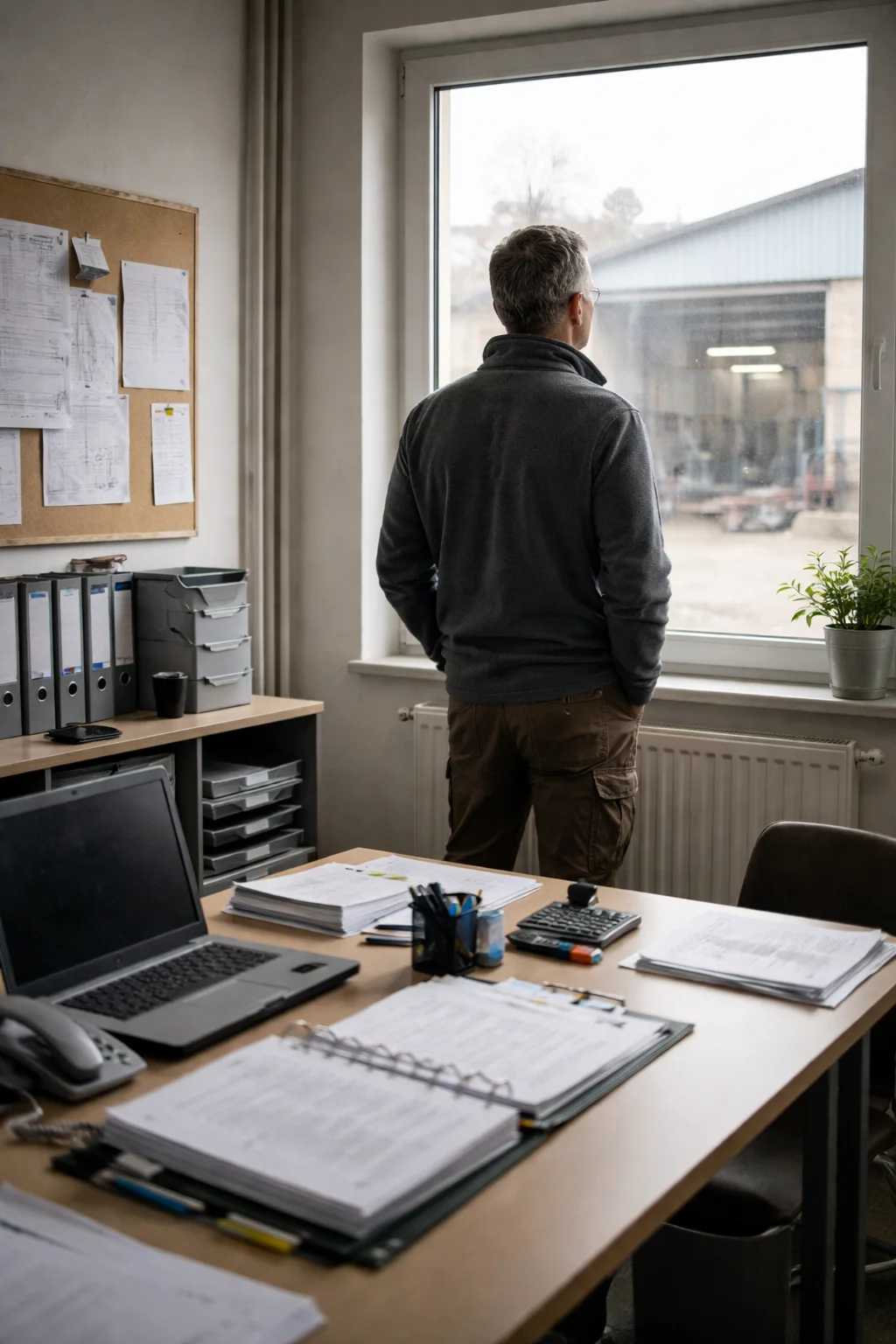 Inhaber eines Handwerksbetriebs steht im Büro am Fenster und blickt nach draußen